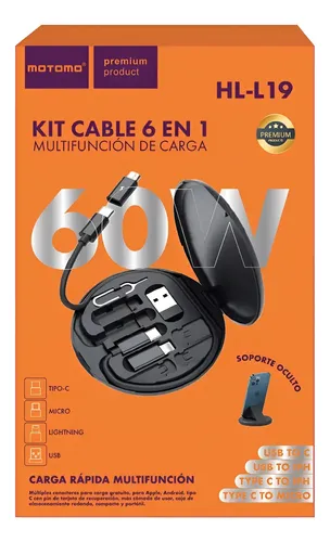 Kit Cable 6 En 1 Negro Motomo Hl-l19 60w Carga Rápida Multi