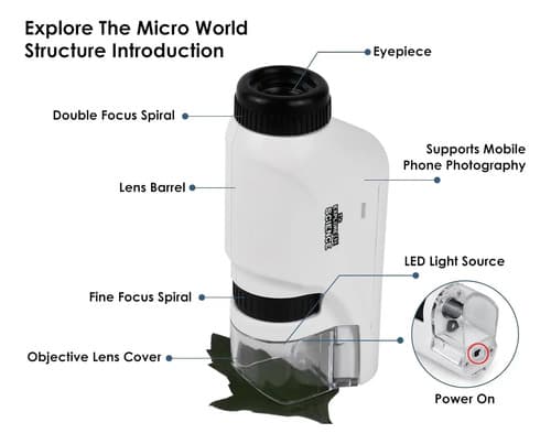 Microscopio De Mano Portatil Con Luz 60-120x Niños Bolsillo Blanco — foto 4