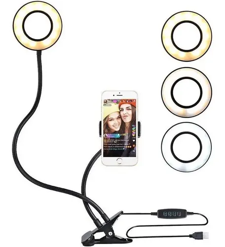Kit 2 En 1 Aro Luz Fotografia Led Selfie Soporte Tik Tok Negro Blanco Neutro — foto 2