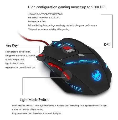 Mouse Gamer Pro Zelotes T90 Botones Laterales Pesos 9200 Dpi Negro — foto 3