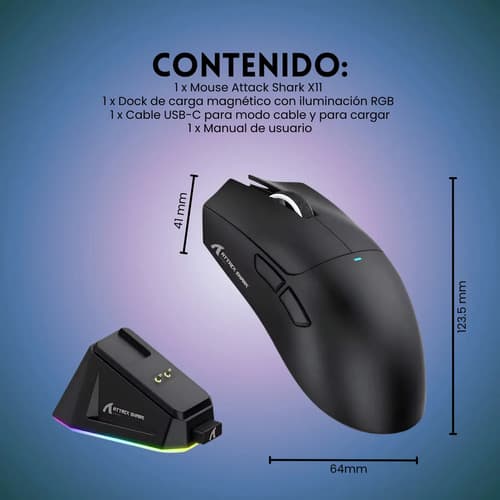 Mouse Gamer X11 Attack Shark Tri Mode 22000 Dpi Paw3311 Dock Color Negro — foto 2