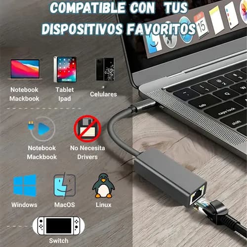 Adaptador De Red Audeos Usb Tipo C Rj45 Ethernet Gigabit 1000mbps — foto 3