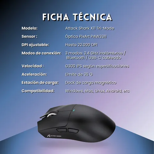 Mouse Gamer X11 Attack Shark Tri Mode 22000 Dpi Paw3311 Dock Color Negro — foto 3