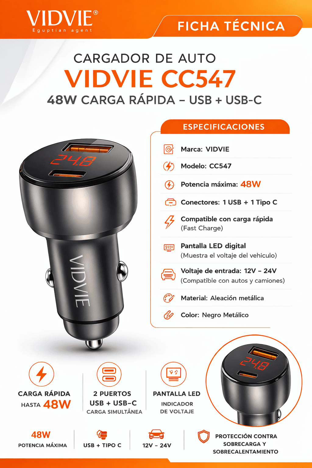 Adaptador Cargador Auto 48W USB TIPO C — foto 3